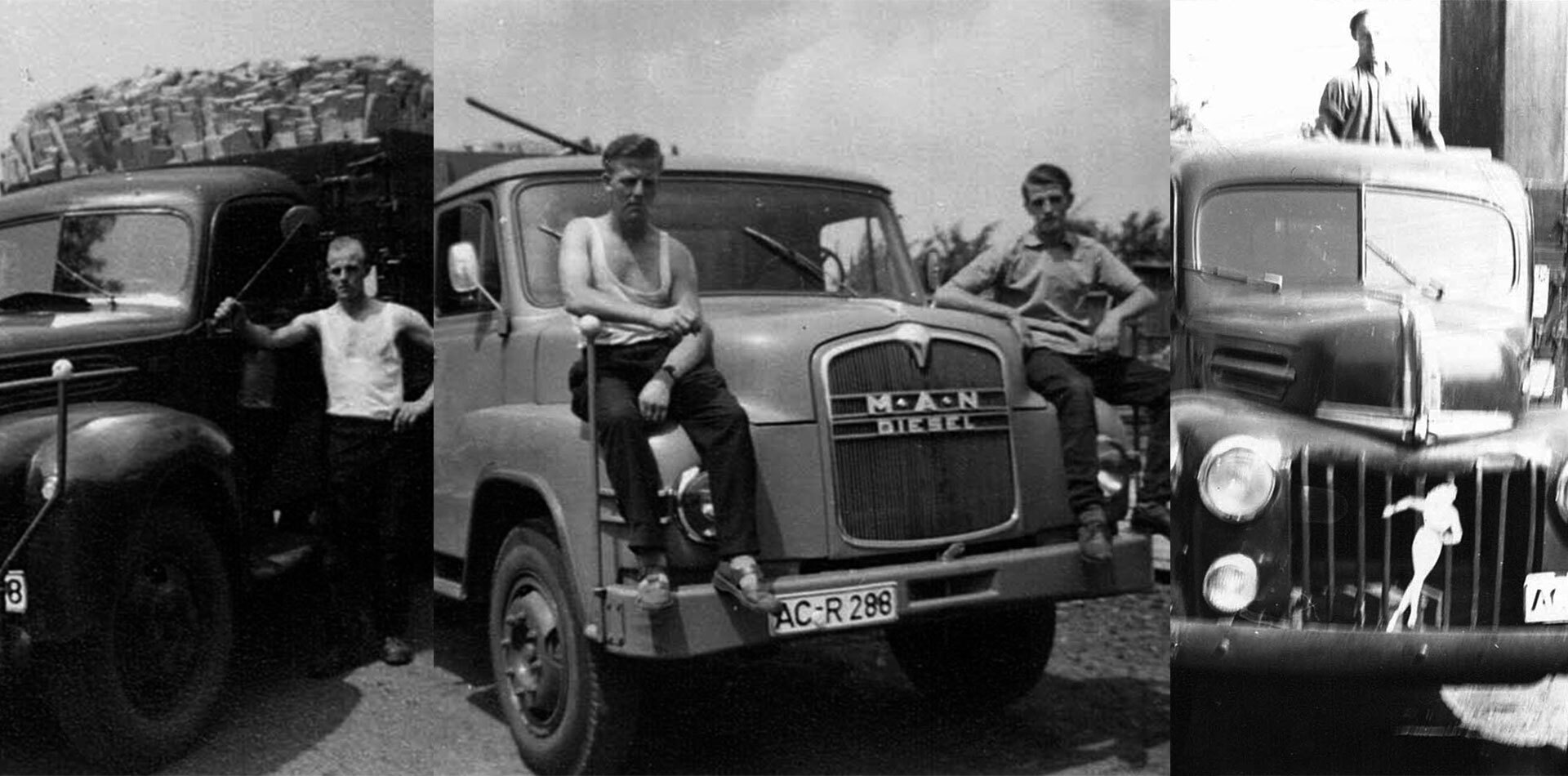 Schwarz Weiß Foto Mitarbeiter auf Fahrzeug